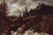 Jacob van Ruisdael Waterfall in a Mountainous Landscape with a Ruined castle Sweden oil painting artist